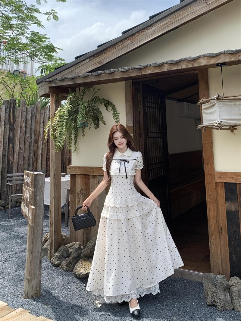 실사 진주 소녀 여름 패치워크 레이스 자수 도트 무늬 롱 스커트 나비 매듭 스트랩 드레스 상세 이미지 21