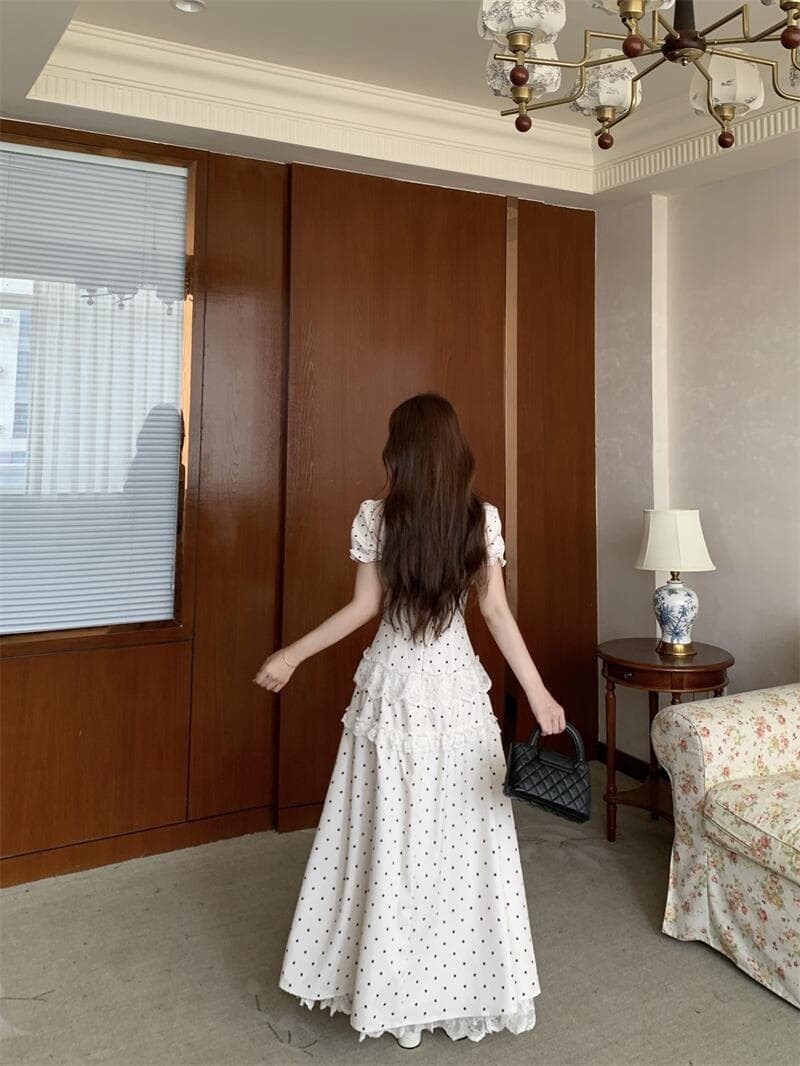 실사 진주 소녀 여름 패치워크 레이스 자수 도트 무늬 롱 스커트 나비 매듭 스트랩 드레스 상세 이미지 29