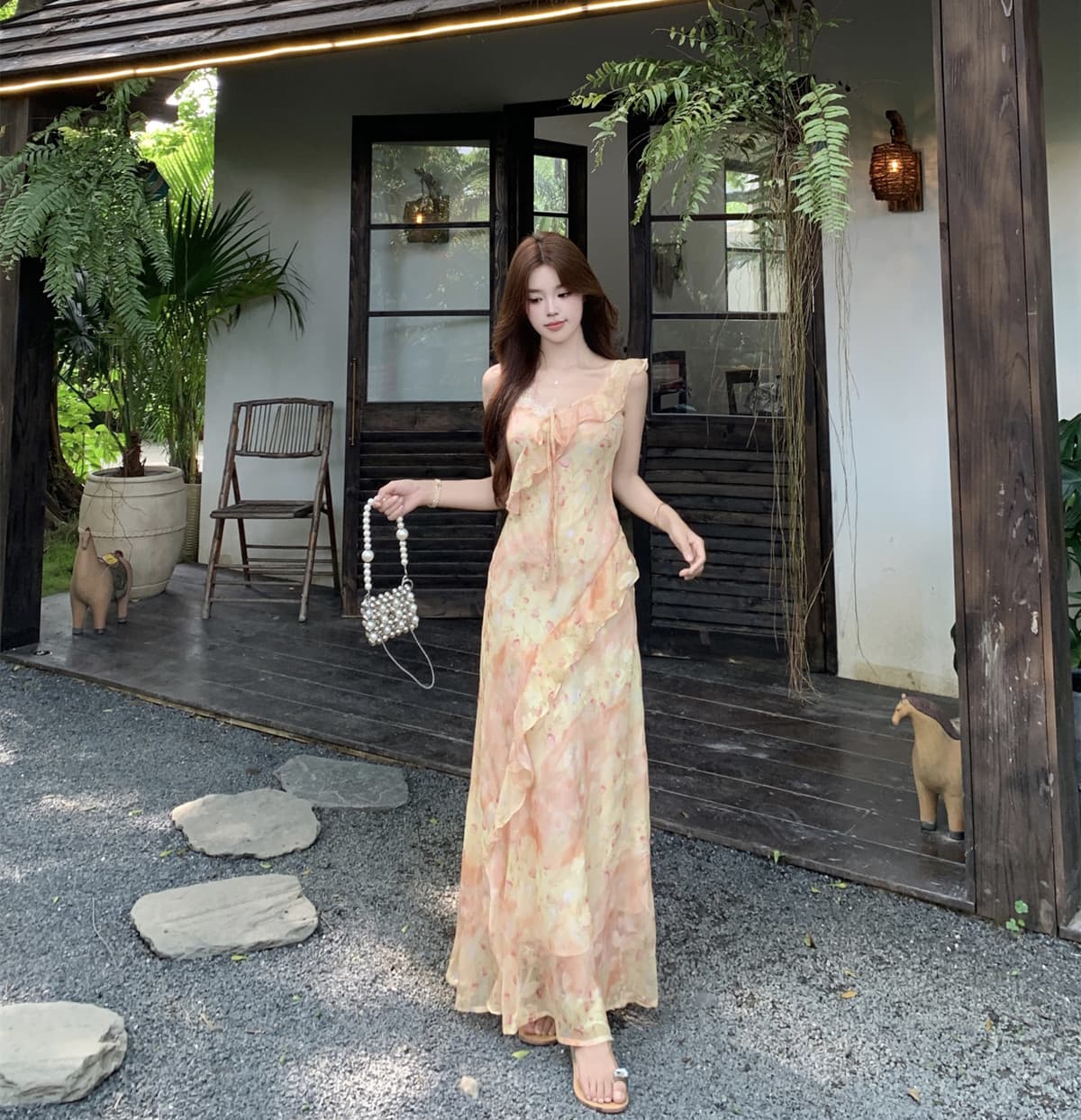 실사 여름 불규칙 프린트 나비 꽃무늬 꼬집기 허리 슬림해 보이는 쉬폰 오픈 가디건 세트 롱 스커트 이미지 3