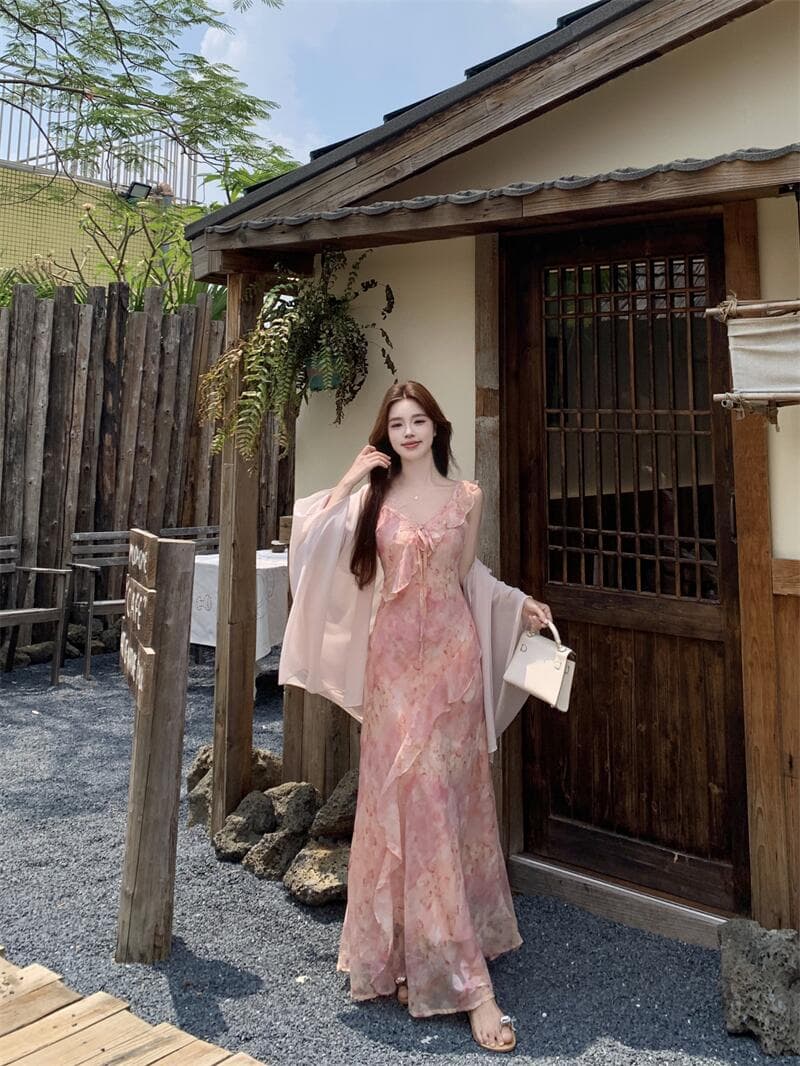 실사 여름 불규칙 프린트 나비 꽃무늬 꼬집기 허리 슬림해 보이는 쉬폰 오픈 가디건 세트 롱 스커트 상세 이미지 1