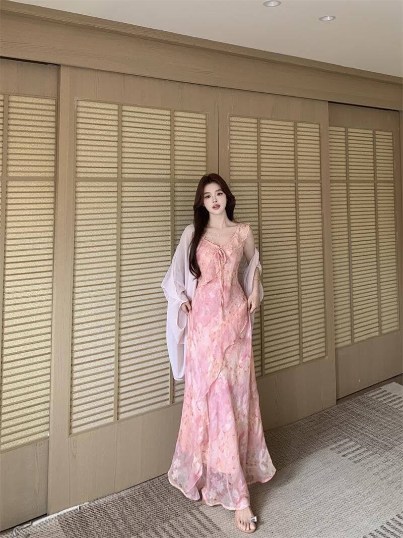 실사 여름 불규칙 프린트 나비 꽃무늬 꼬집기 허리 슬림해 보이는 쉬폰 오픈 가디건 세트 롱 스커트 상세 이미지 3