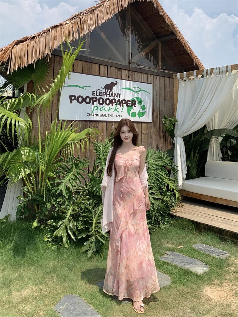 실사 여름 불규칙 프린트 나비 꽃무늬 꼬집기 허리 슬림해 보이는 쉬폰 오픈 가디건 세트 롱 스커트 상세 이미지 6