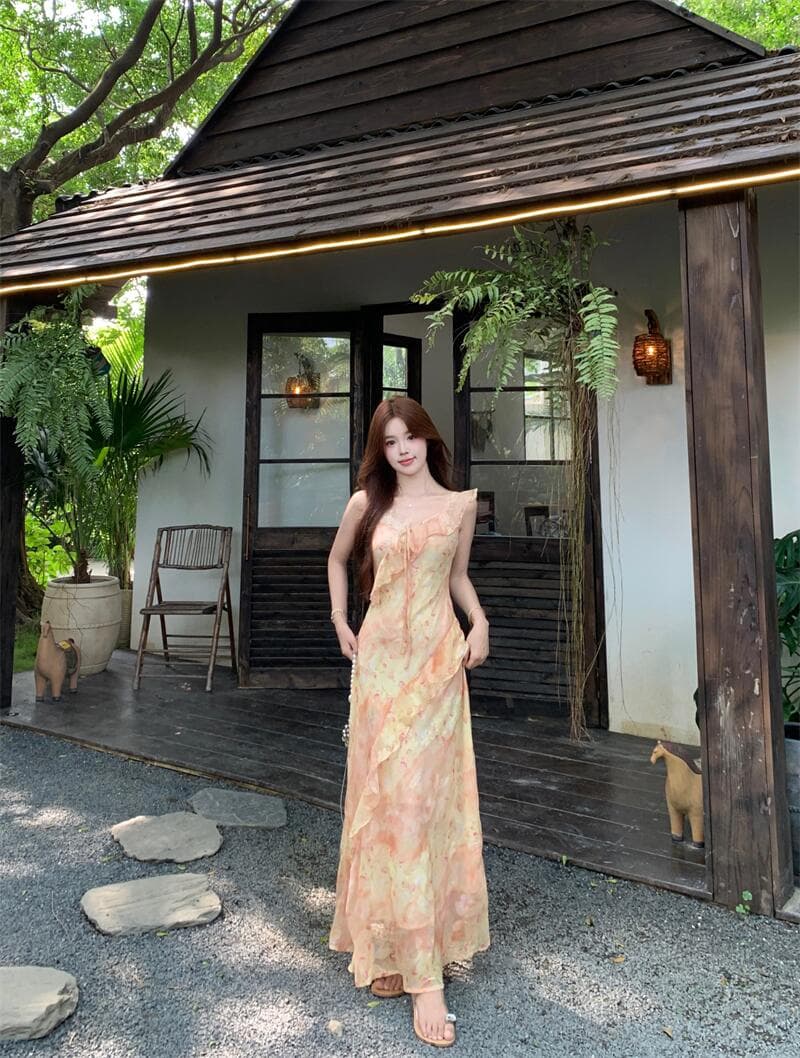 실사 여름 불규칙 프린트 나비 꽃무늬 꼬집기 허리 슬림해 보이는 쉬폰 오픈 가디건 세트 롱 스커트 상세 이미지 13