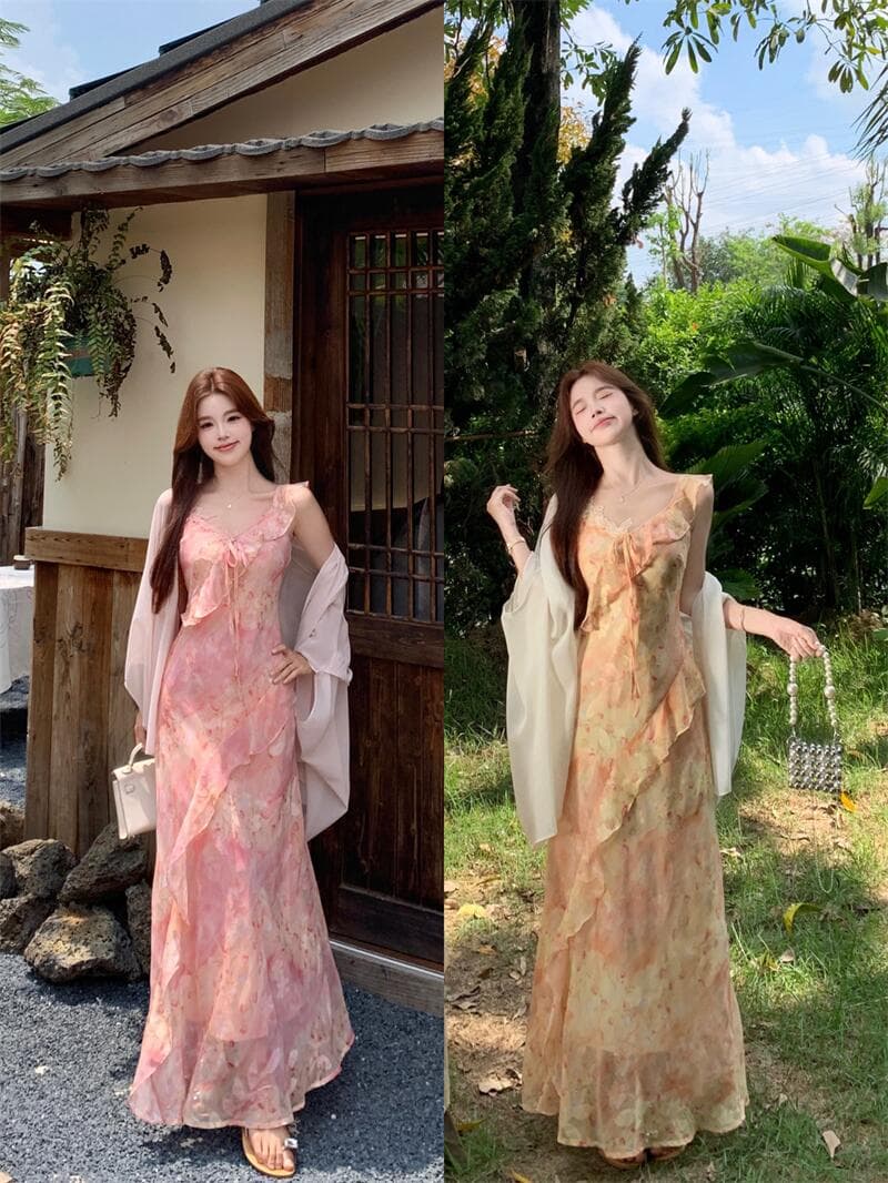 실사 여름 불규칙 프린트 나비 꽃무늬 꼬집기 허리 슬림해 보이는 쉬폰 오픈 가디건 세트 롱 스커트 상세 이미지 15