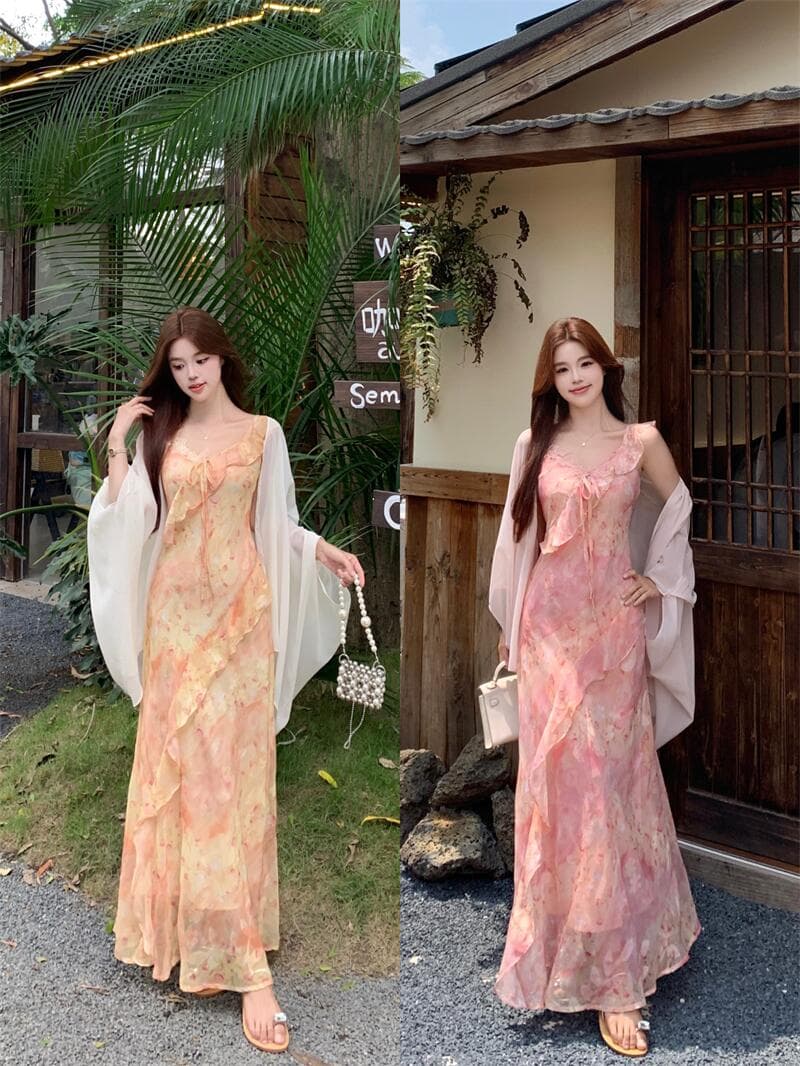 실사 여름 불규칙 프린트 나비 꽃무늬 꼬집기 허리 슬림해 보이는 쉬폰 오픈 가디건 세트 롱 스커트 상세 이미지 16
