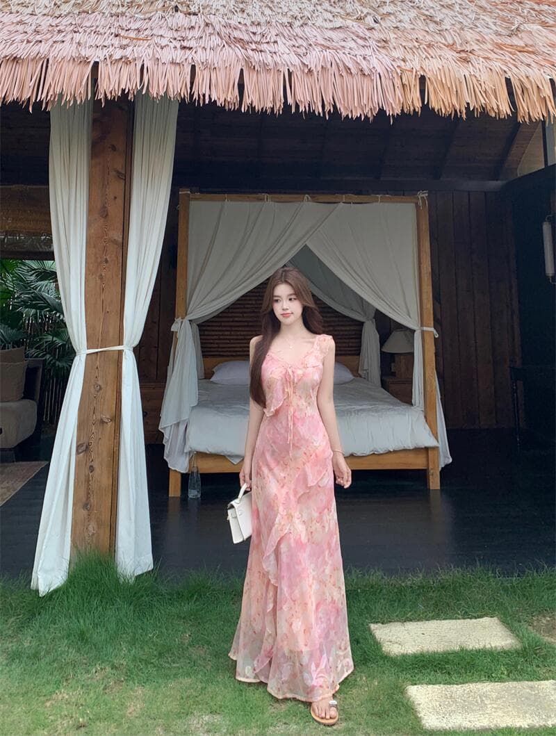 실사 여름 불규칙 프린트 나비 꽃무늬 꼬집기 허리 슬림해 보이는 쉬폰 오픈 가디건 세트 롱 스커트 상세 이미지 17