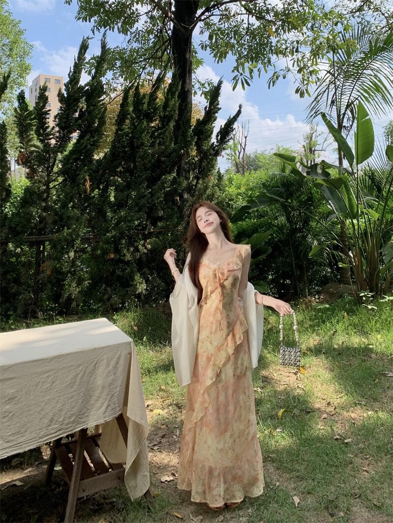 실사 여름 불규칙 프린트 나비 꽃무늬 꼬집기 허리 슬림해 보이는 쉬폰 오픈 가디건 세트 롱 스커트 상세 이미지 22