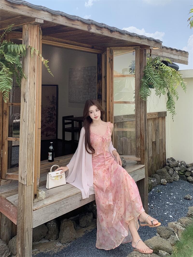 실사 여름 불규칙 프린트 나비 꽃무늬 꼬집기 허리 슬림해 보이는 쉬폰 오픈 가디건 세트 롱 스커트 상세 이미지 25
