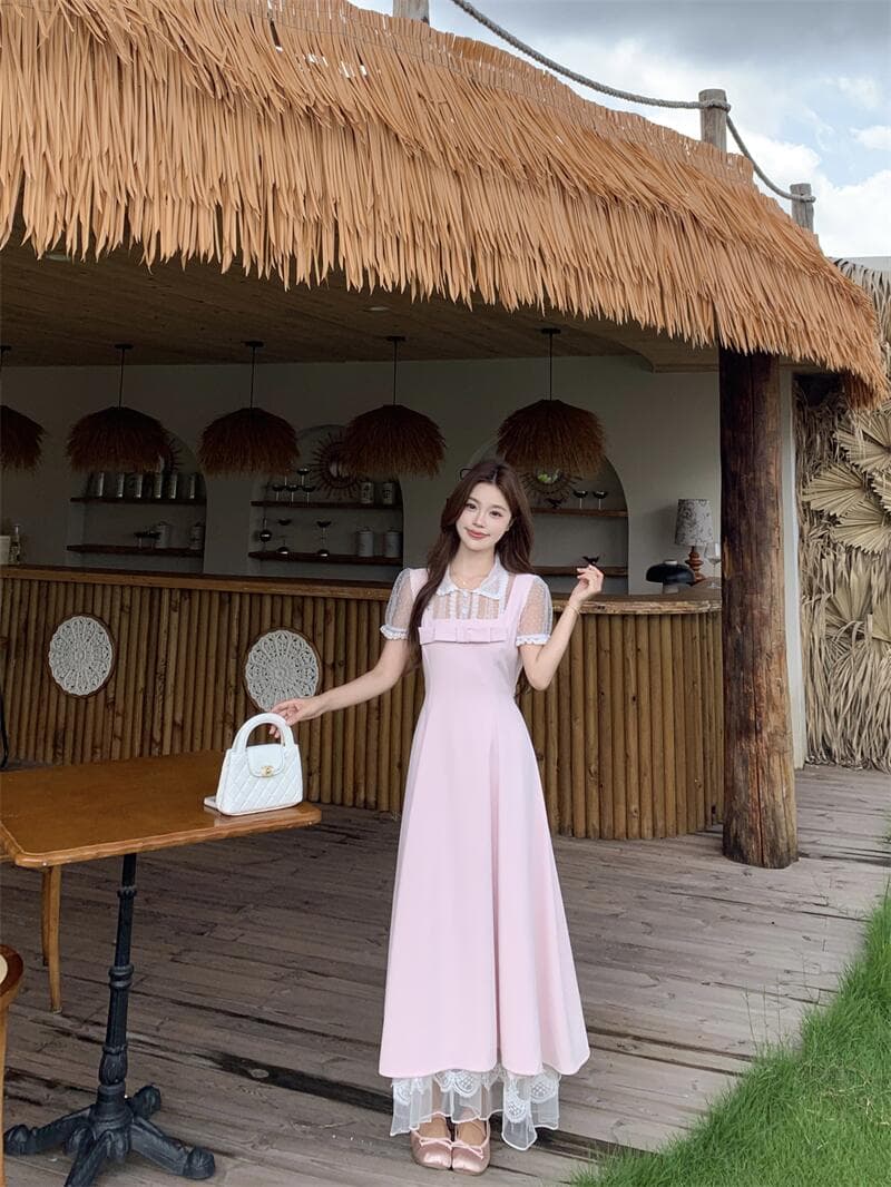 실사 첫눈 복숭아 복숭아 롱 코트 여름 베이비 칼라 패치워크 레이스 거품 소매 롱 스커트 나비 매듭 드레스 상세 이미지 6