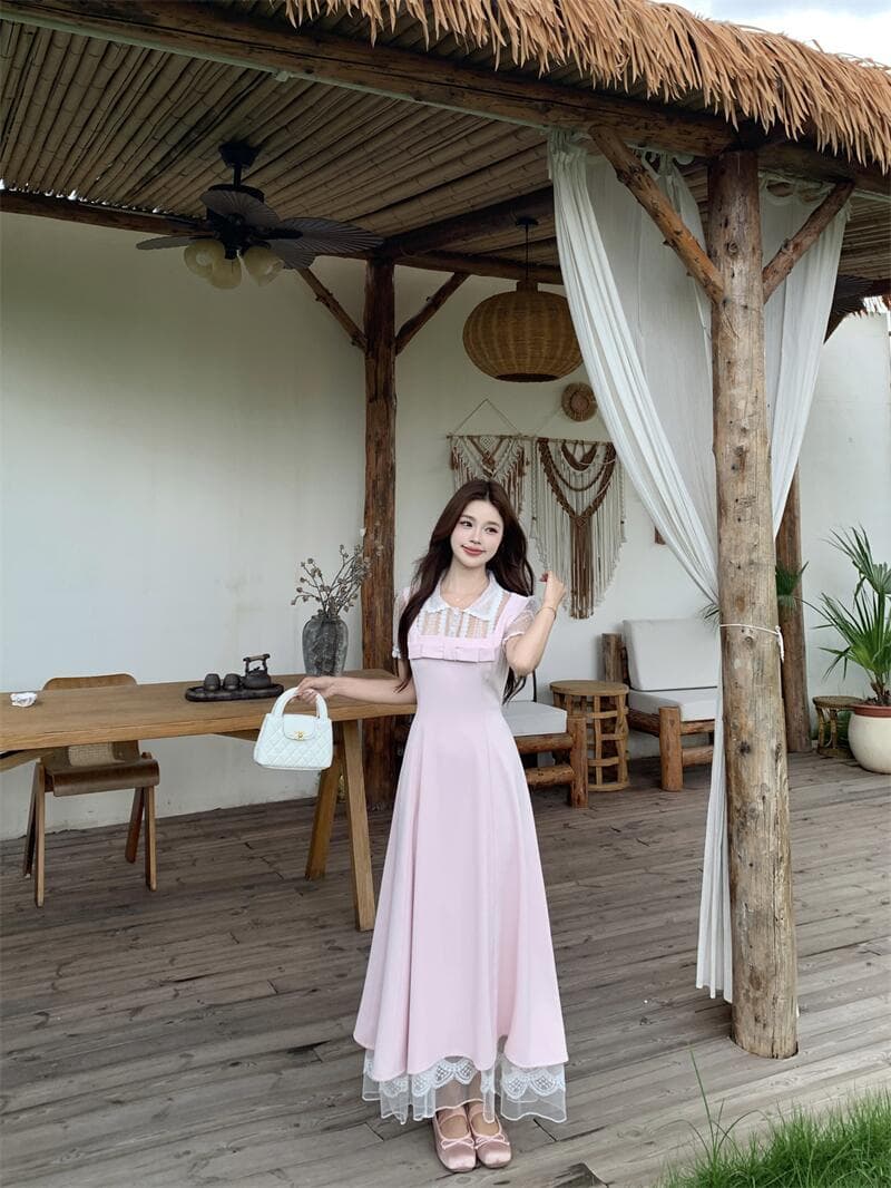 실사 첫눈 복숭아 복숭아 롱 코트 여름 베이비 칼라 패치워크 레이스 거품 소매 롱 스커트 나비 매듭 드레스 상세 이미지 14