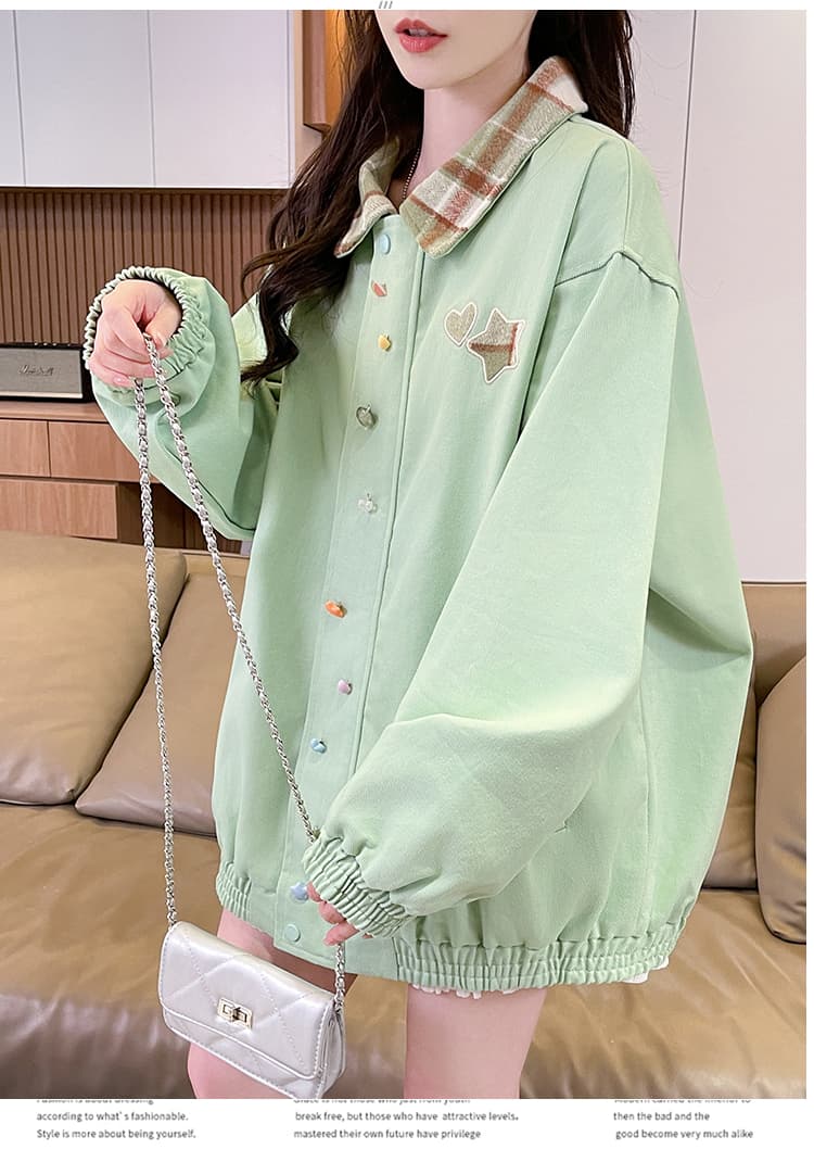 실사 밝은 녹색 패치워크 폴로 칼라 재킷 여성 봄 가을 자수 디자인 센스 학생 루즈핏 야구 유니폼 귀여운 재킷 상세 이미지 12