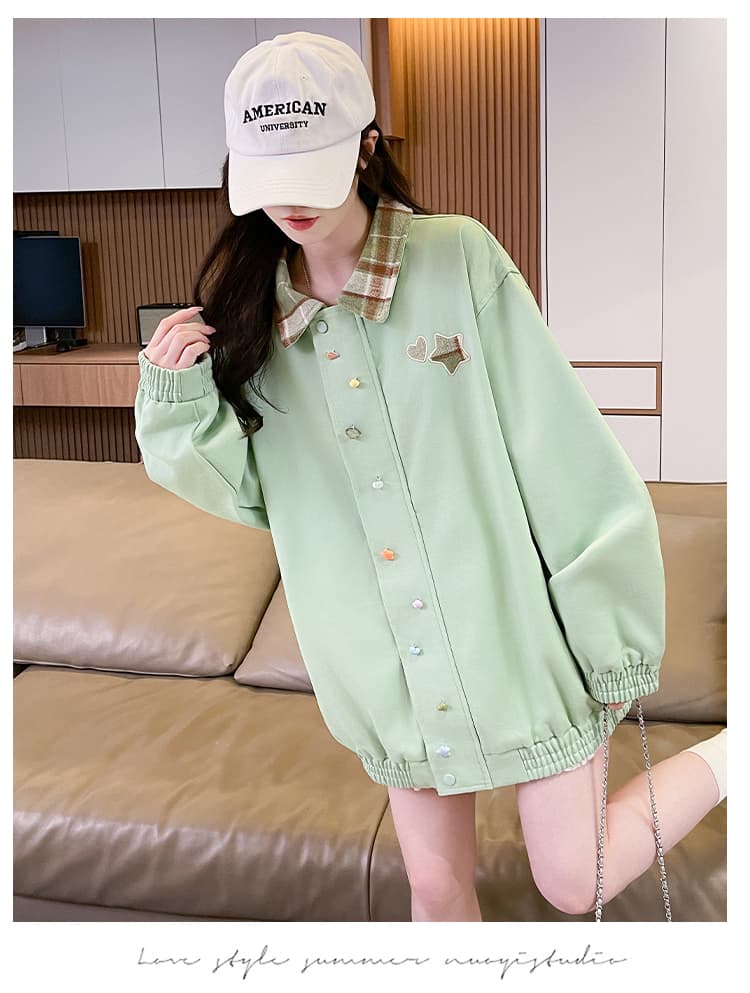 실사 밝은 녹색 패치워크 폴로 칼라 재킷 여성 봄 가을 자수 디자인 센스 학생 루즈핏 야구 유니폼 귀여운 재킷 상세 이미지 14
