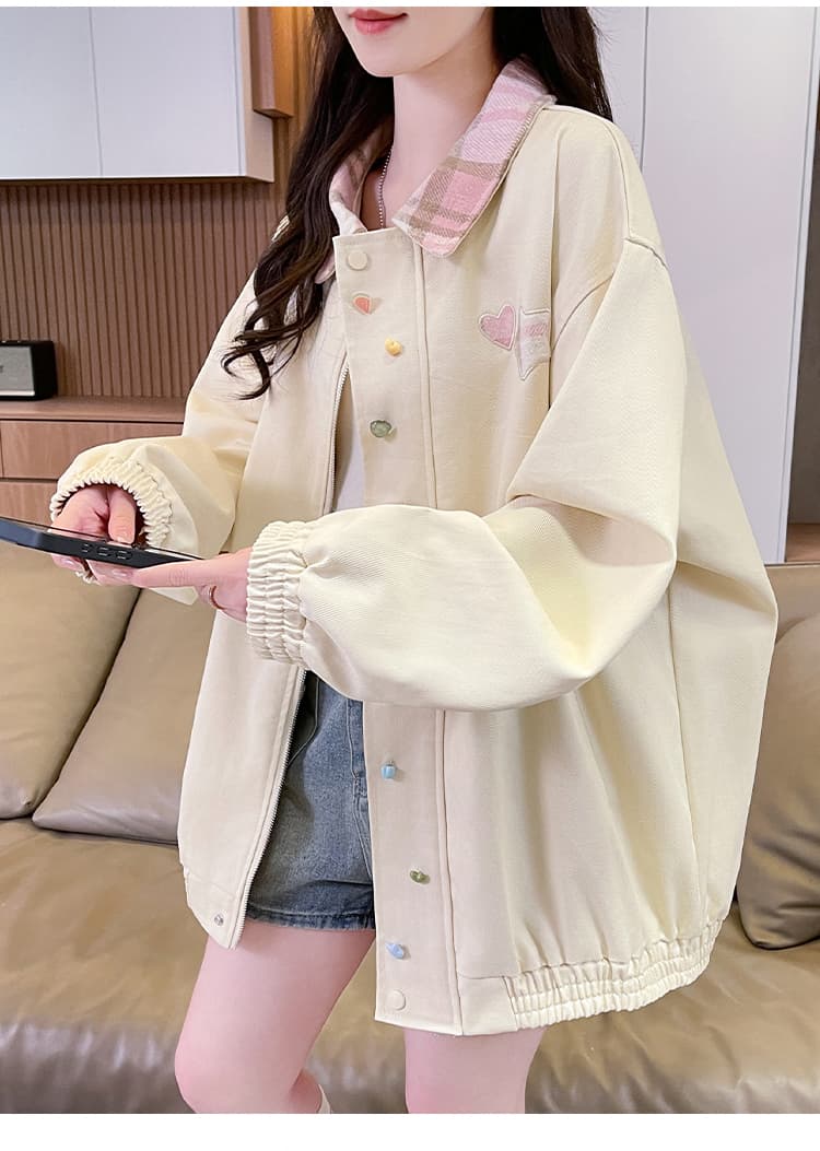 실사 밝은 녹색 패치워크 폴로 칼라 재킷 여성 봄 가을 자수 디자인 센스 학생 루즈핏 야구 유니폼 귀여운 재킷 상세 이미지 17