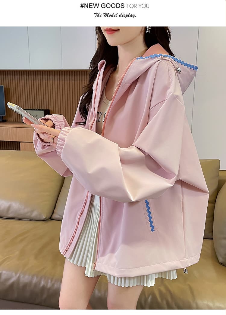 실사 자켓 여성 코트 2026 새로운 봄 야외 방풍 방수 배색 루즈핏 후드 맨위 재킷 상세 이미지 12