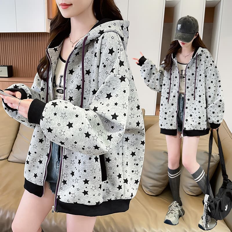 실사 아메리칸 레트로 별 전체 인쇄 회색 후드 티 스웨터 여성 봄 루즈핏 캐주얼 지퍼 카디건 코트 이미지 2
