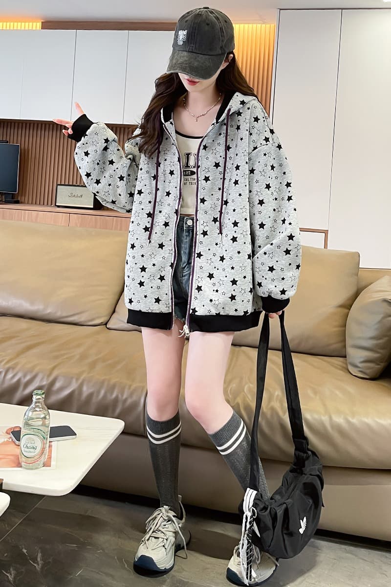 실사 아메리칸 레트로 별 전체 인쇄 회색 후드 티 스웨터 여성 봄 루즈핏 캐주얼 지퍼 카디건 코트 이미지 7