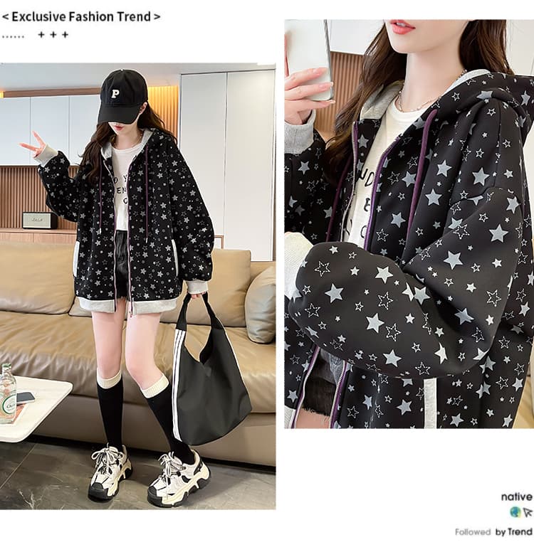 실사 아메리칸 레트로 별 전체 인쇄 회색 후드 티 스웨터 여성 봄 루즈핏 캐주얼 지퍼 카디건 코트 상세 이미지 14
