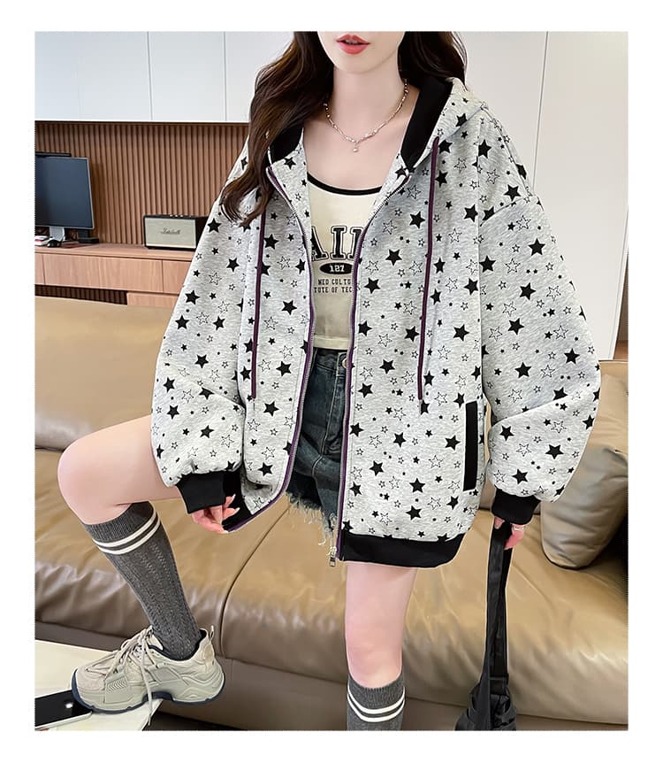 실사 아메리칸 레트로 별 전체 인쇄 회색 후드 티 스웨터 여성 봄 루즈핏 캐주얼 지퍼 카디건 코트 상세 이미지 18