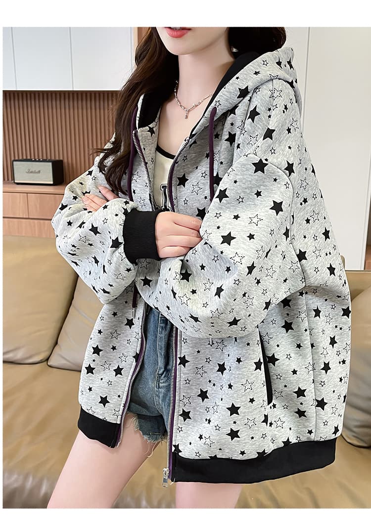실사 아메리칸 레트로 별 전체 인쇄 회색 후드 티 스웨터 여성 봄 루즈핏 캐주얼 지퍼 카디건 코트 상세 이미지 21