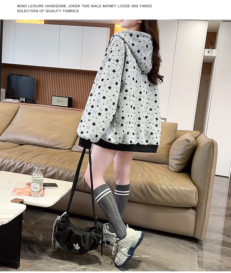실사 아메리칸 레트로 별 전체 인쇄 회색 후드 티 스웨터 여성 봄 루즈핏 캐주얼 지퍼 카디건 코트 상세 이미지 22