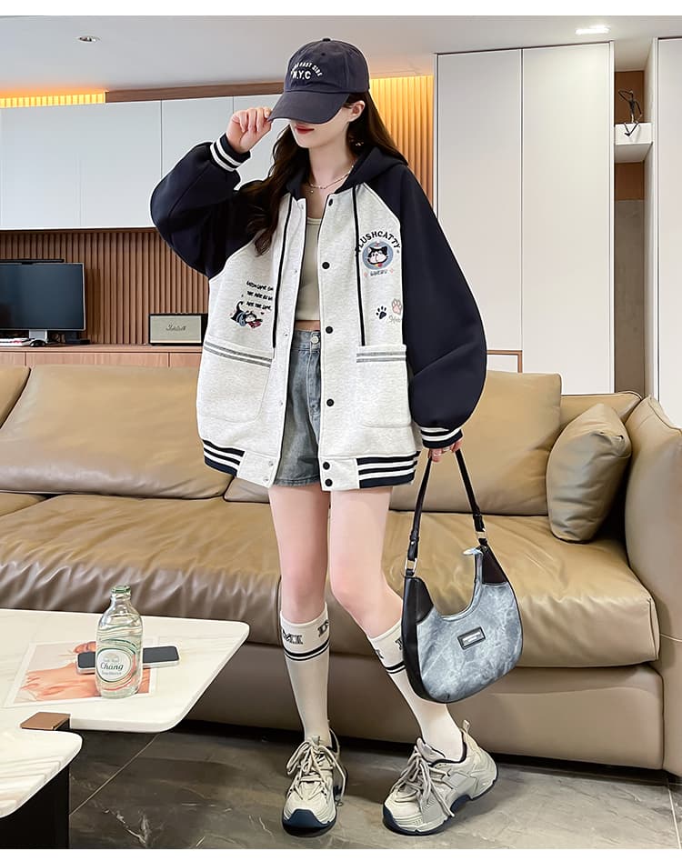 실사 만화 고양이 후드티 여성 코트 2026 새로운 봄 가을 루즈핏 캐주얼 학원 스타일 회색 야구 유니폼 상세 이미지 13