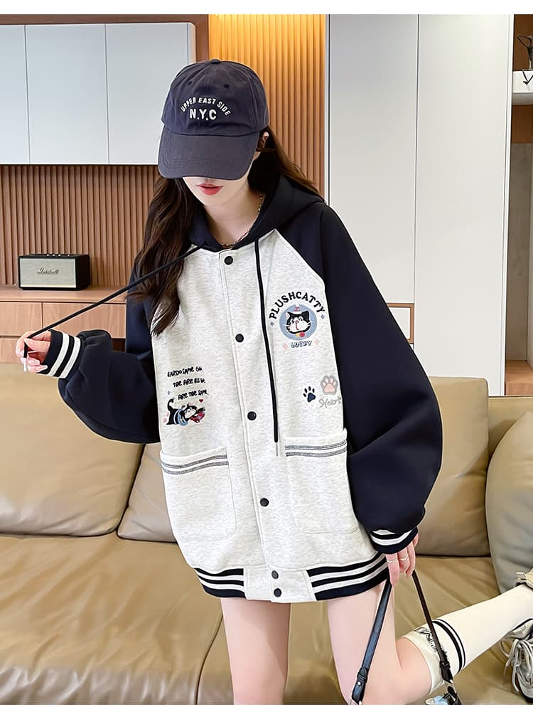 실사 만화 고양이 후드티 여성 코트 2026 새로운 봄 가을 루즈핏 캐주얼 학원 스타일 회색 야구 유니폼 상세 이미지 14