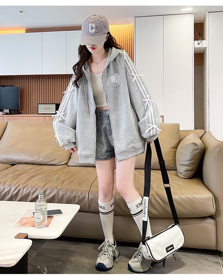 실사 달콤함 나비 매듭 스트라이프 여성 코트 가을 2026 새로운 디자인 센스 중학교 학생 루즈핏 후드티 상세 이미지 26