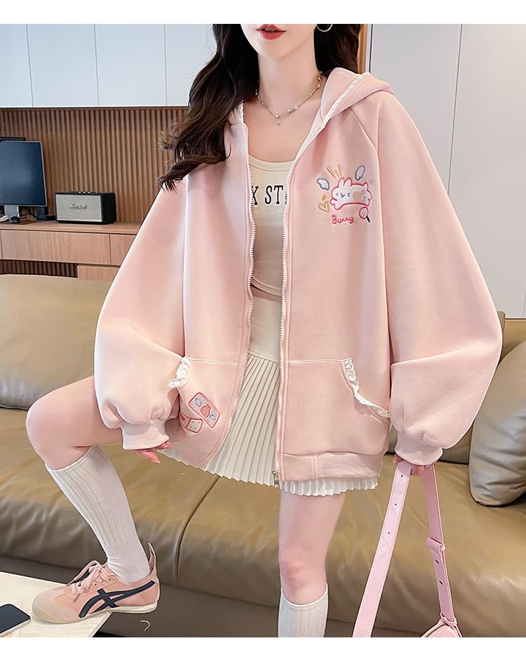 실사 2026 새로운 다용도 귀여운 토끼 귀 레이스 자수 후드 가을 새로운 우유 씽 하는 소리 긴팔 재킷 상세 이미지 18