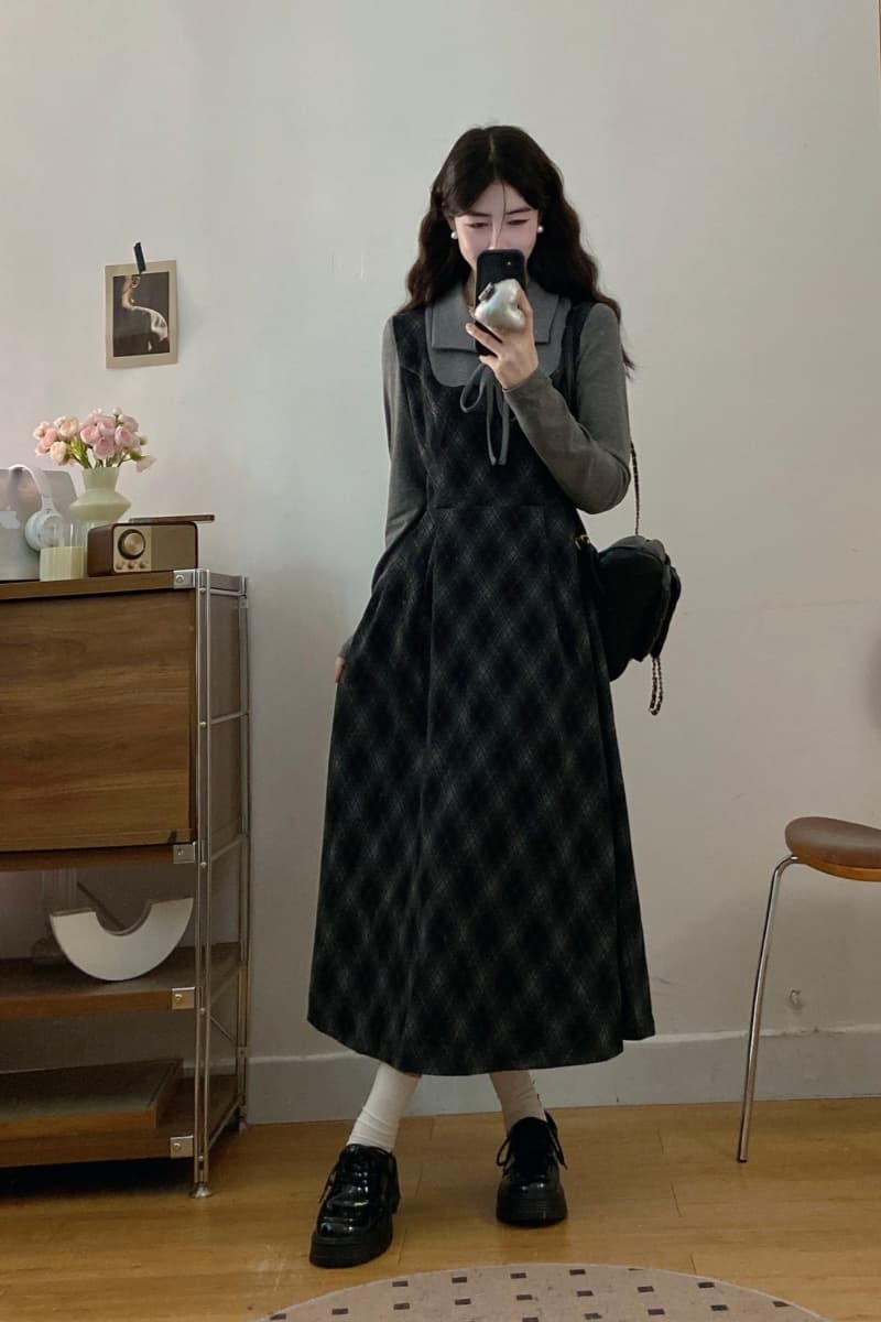 실사 프랑스식 레트로 페이크 레이어드 학원 스타일 체크무늬 가을 겨울철 새로운 그는 벤 바람 슬림해 보이는 롱 코트 드레스 이미지 2