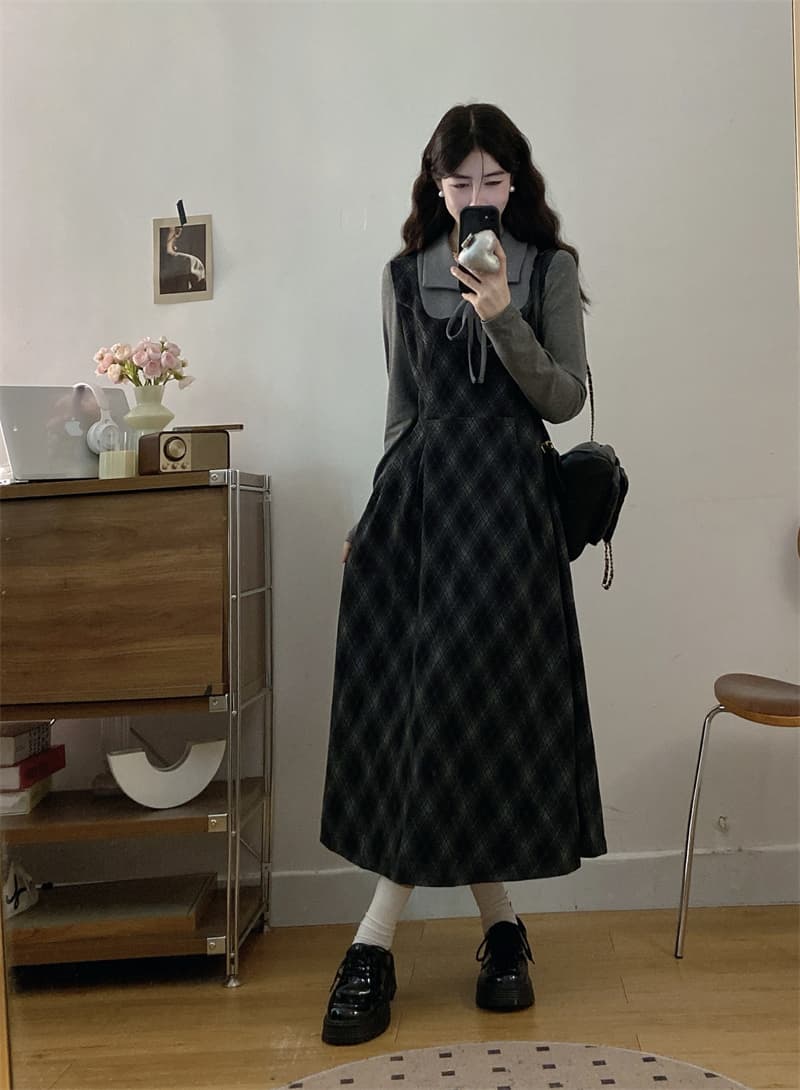 실사 프랑스식 레트로 페이크 레이어드 학원 스타일 체크무늬 가을 겨울철 새로운 그는 벤 바람 슬림해 보이는 롱 코트 드레스 상세 이미지 4