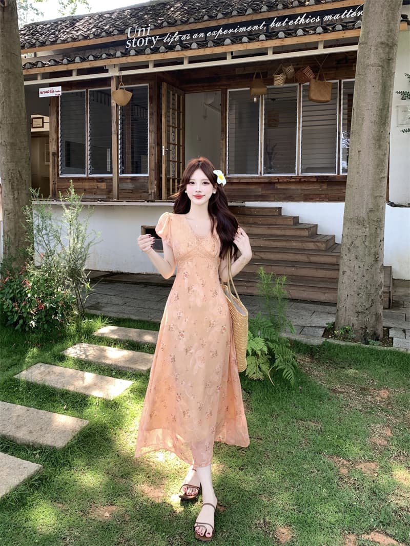 실사 빅 사이즈 2026 여름 새로운 V넥 레이스 측면 허리 수축 슬림해 보이는 꽃무늬 휴가 바람 드레스 상세 이미지 19