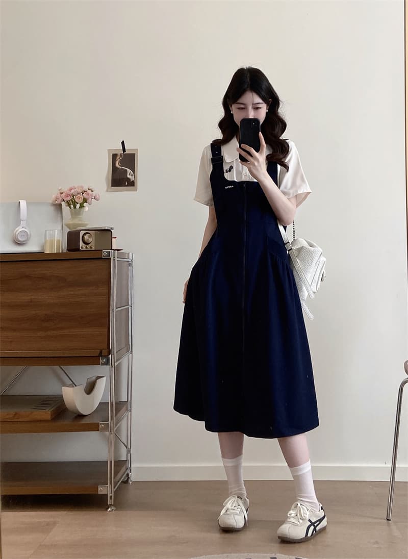 실사 빅 사이즈 여름 새로운 학원 스타일 품격 캐주얼 페이크 레이어드 반팔 연령 감소 드레스 상세 이미지 1