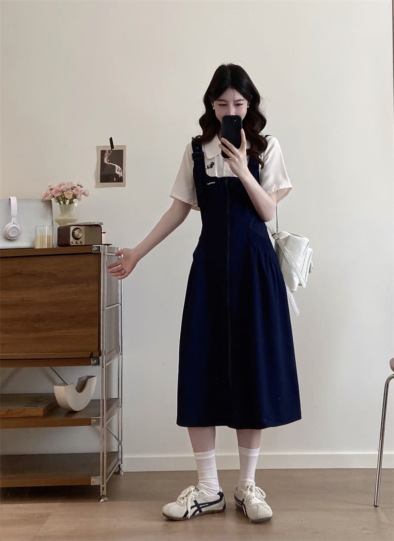 실사 빅 사이즈 여름 새로운 학원 스타일 품격 캐주얼 페이크 레이어드 반팔 연령 감소 드레스 상세 이미지 5