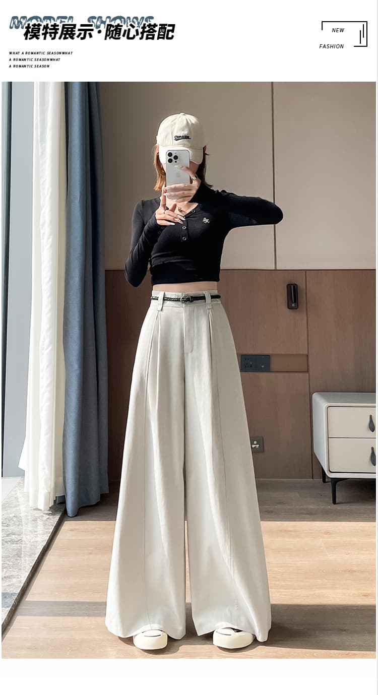 실사 이른 가을 새로운 워시 물 면 정장 스트레이트 팬츠 여성 하이웨이스트 슬림해 보이는 캐주얼 넓은 다리 길이 바지 전송되지 않음 벨트 상세 이미지 20