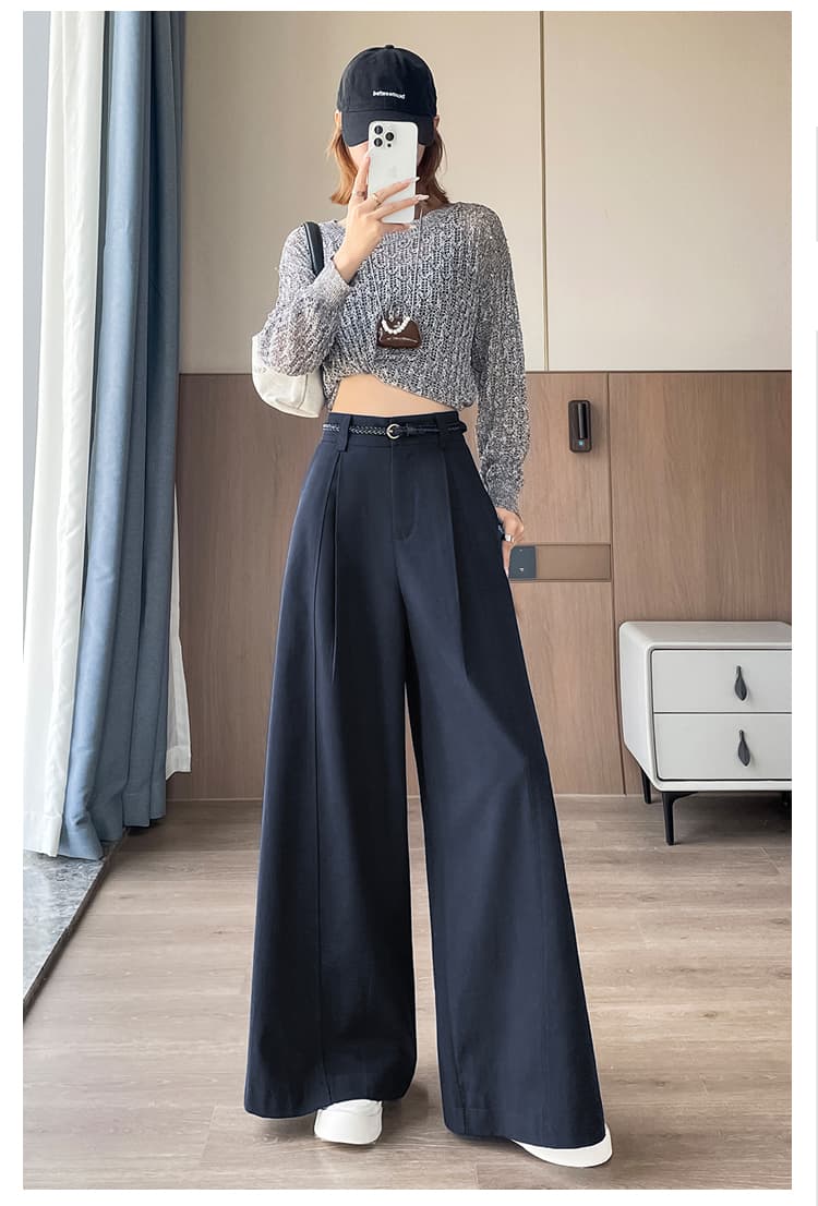 실사 이른 가을 새로운 워시 물 면 정장 스트레이트 팬츠 여성 하이웨이스트 슬림해 보이는 캐주얼 넓은 다리 길이 바지 전송되지 않음 벨트 상세 이미지 53