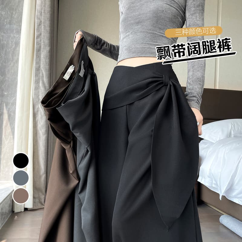 실사 이른 가을 디자인 센스 하이웨이스트 와이드 레그 팬츠 한국 스타일 레이스업 슬림해 보이는 도루 센스 스트레이트 바닥 청소 바지 다용도 캐주얼 바지 이미지 6