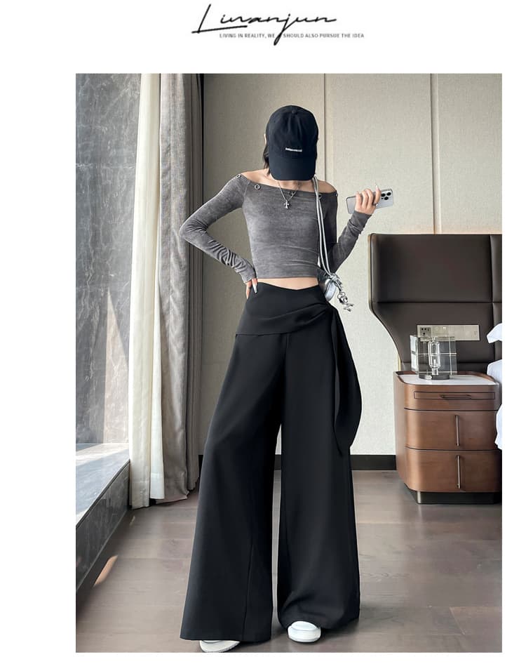 실사 이른 가을 디자인 센스 하이웨이스트 와이드 레그 팬츠 한국 스타일 레이스업 슬림해 보이는 도루 센스 스트레이트 바닥 청소 바지 다용도 캐주얼 바지 상세 이미지 23