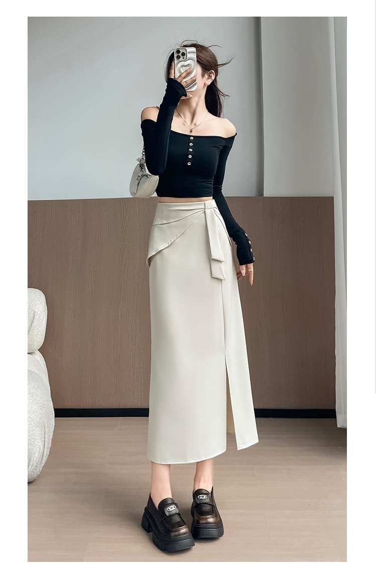 실사 이른 가을 새로운 디자인 센스 나비 매듭 트임 정장 반신 스커트 여성 다용도 하이웨이스트 길다 치마 상세 이미지 32