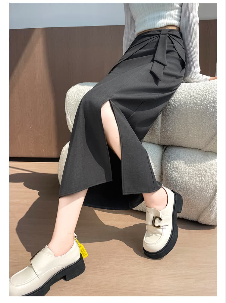 실사 이른 가을 새로운 디자인 센스 나비 매듭 트임 정장 반신 스커트 여성 다용도 하이웨이스트 길다 치마 상세 이미지 46