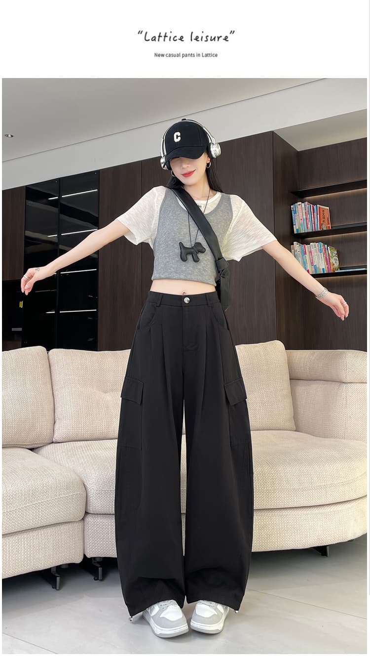 실사 2026 여름 새로운 펌프 로프 워크웨어 팬츠 여성 워시 물 면 조거 넓은 다리 둘 착용 모통이 칼 캐주얼 바지 여성 상세 이미지 64