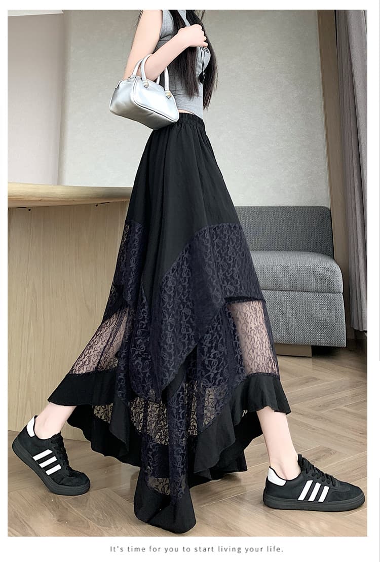 실사 디자인 센스 한국 스타일 불규칙 패치워크 레이스 프릴 케이크 드레스 여성 하이웨이스트 슬림해 보이는 한 마디 우산 치마 여름 상세 이미지 30