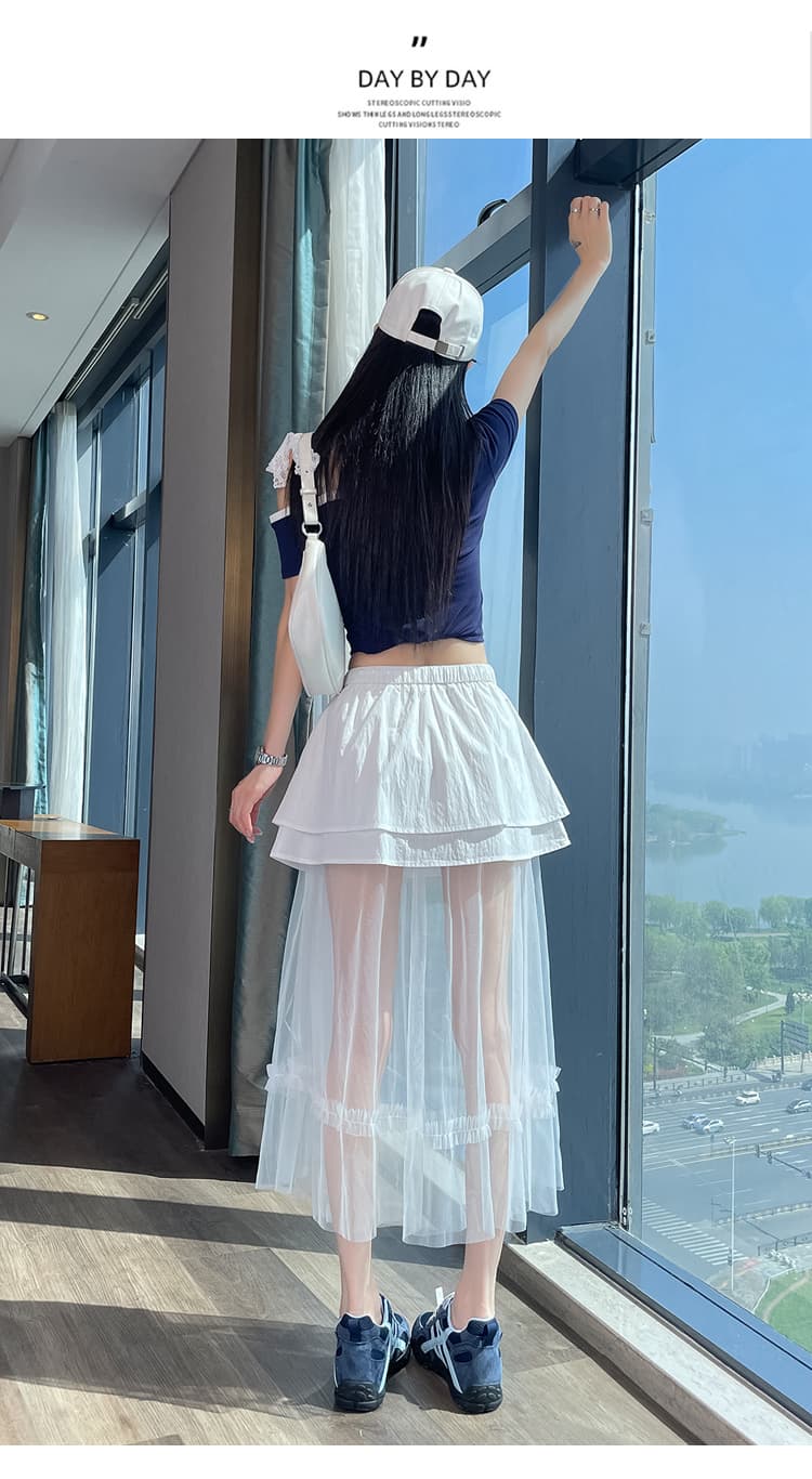 실사 디자인 센스 망사 패치워크 캐주얼 반신 스커트 허리밴드 페이크 레이어드 다용도 한 마디 롱 스커트 여름 상세 이미지 35