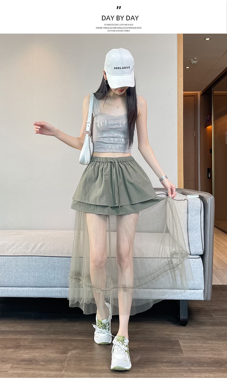 실사 디자인 센스 망사 패치워크 캐주얼 반신 스커트 허리밴드 페이크 레이어드 다용도 한 마디 롱 스커트 여름 상세 이미지 44