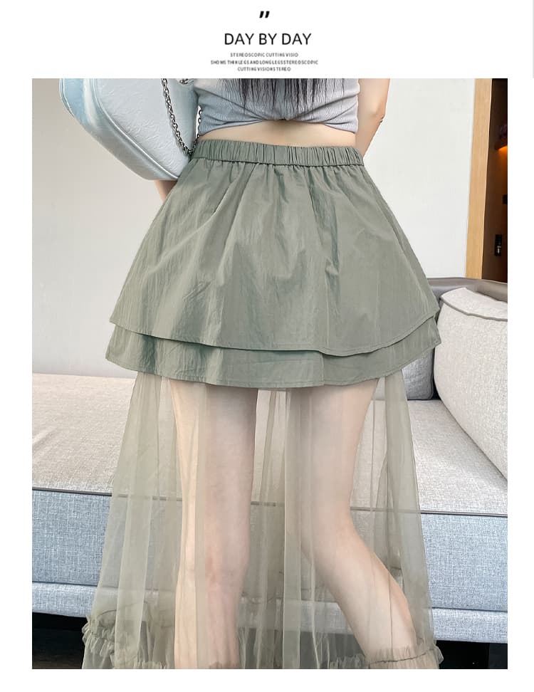 실사 디자인 센스 망사 패치워크 캐주얼 반신 스커트 허리밴드 페이크 레이어드 다용도 한 마디 롱 스커트 여름 상세 이미지 50