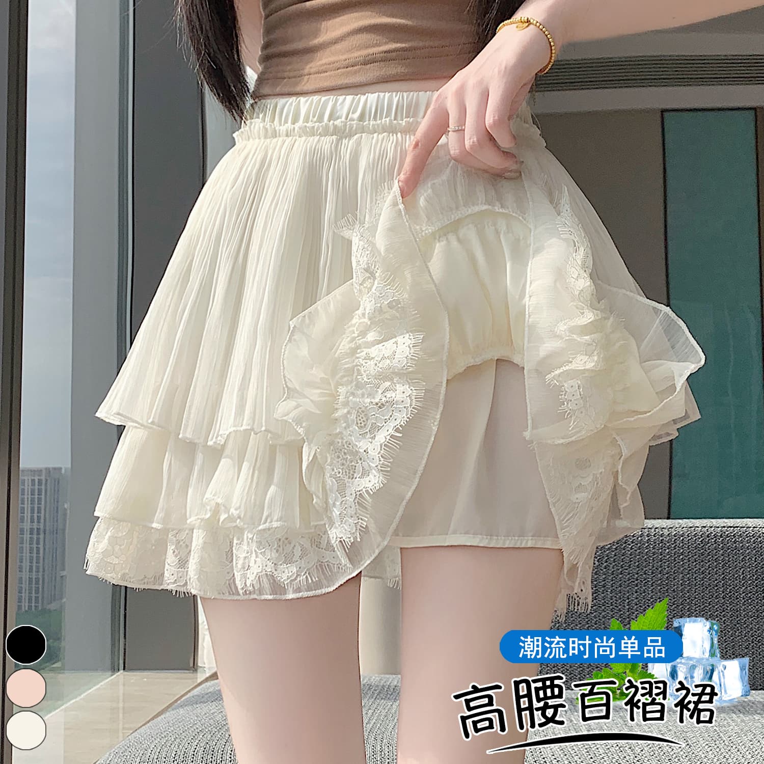 실사 레이스 레이스 패치워크 퍼프 케이크 드레스 2026 여름 발레 바람 한 마디 플리츠 미니 스커트 이미지 3