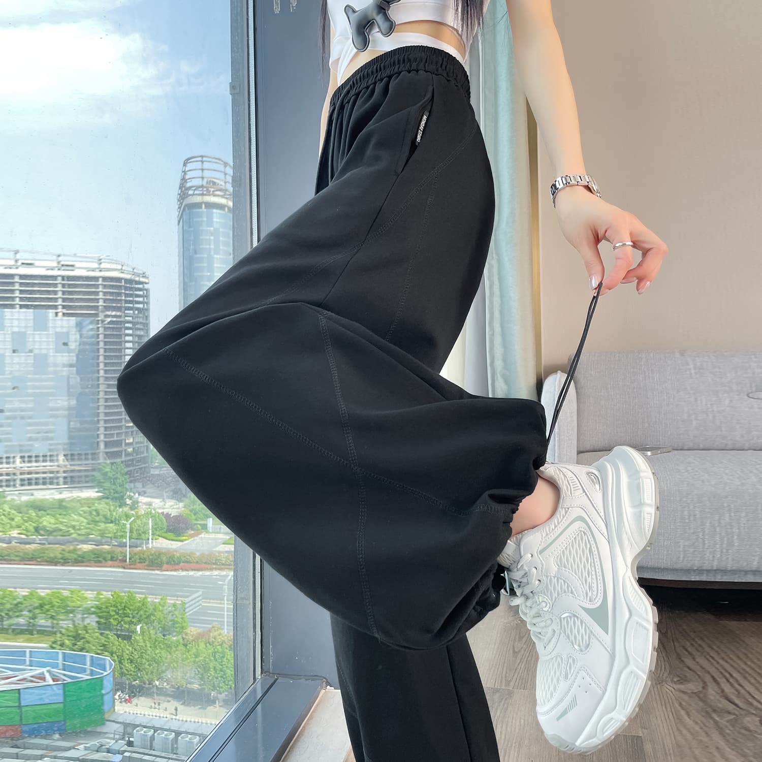 실사 디자인 센스 패션 하이웨이스트 모통이 칼 바지 둘 착용 캐주얼 웨이 바지 여름 다용도 와이드 레깅스 바지 얇은 이미지 3