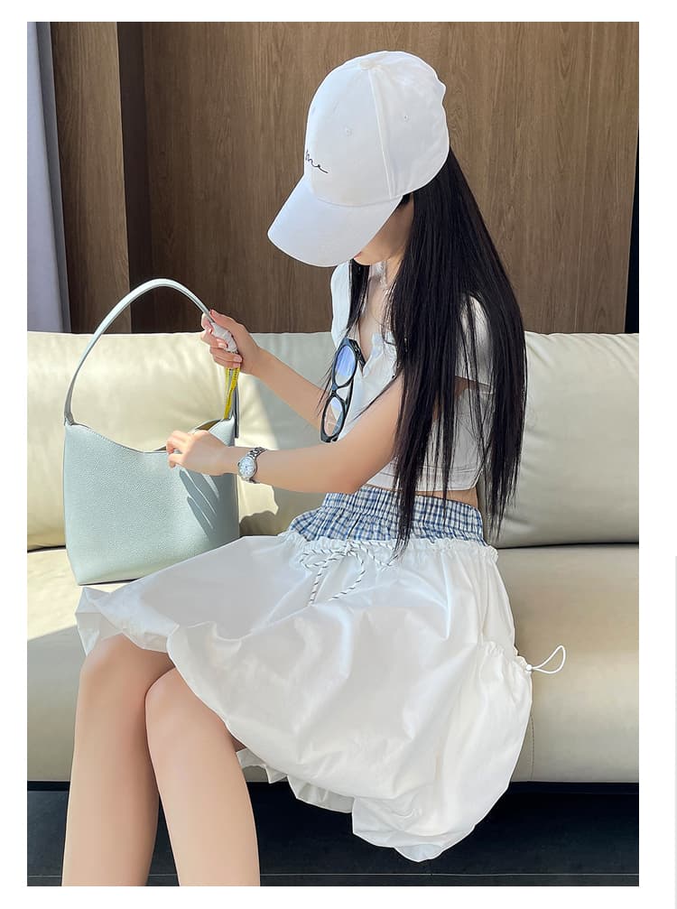 실사 디자인 센스 패치워크 배색 체크무늬 꽃밭 치마 하이웨이스트 빅 포켓 펌프 로프 캐주얼 미니 스커트 상세 이미지 28