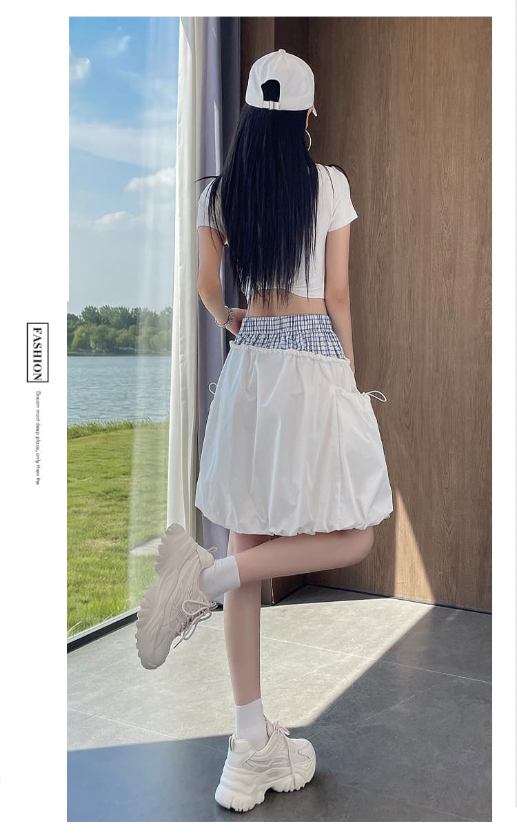 실사 디자인 센스 패치워크 배색 체크무늬 꽃밭 치마 하이웨이스트 빅 포켓 펌프 로프 캐주얼 미니 스커트 상세 이미지 36