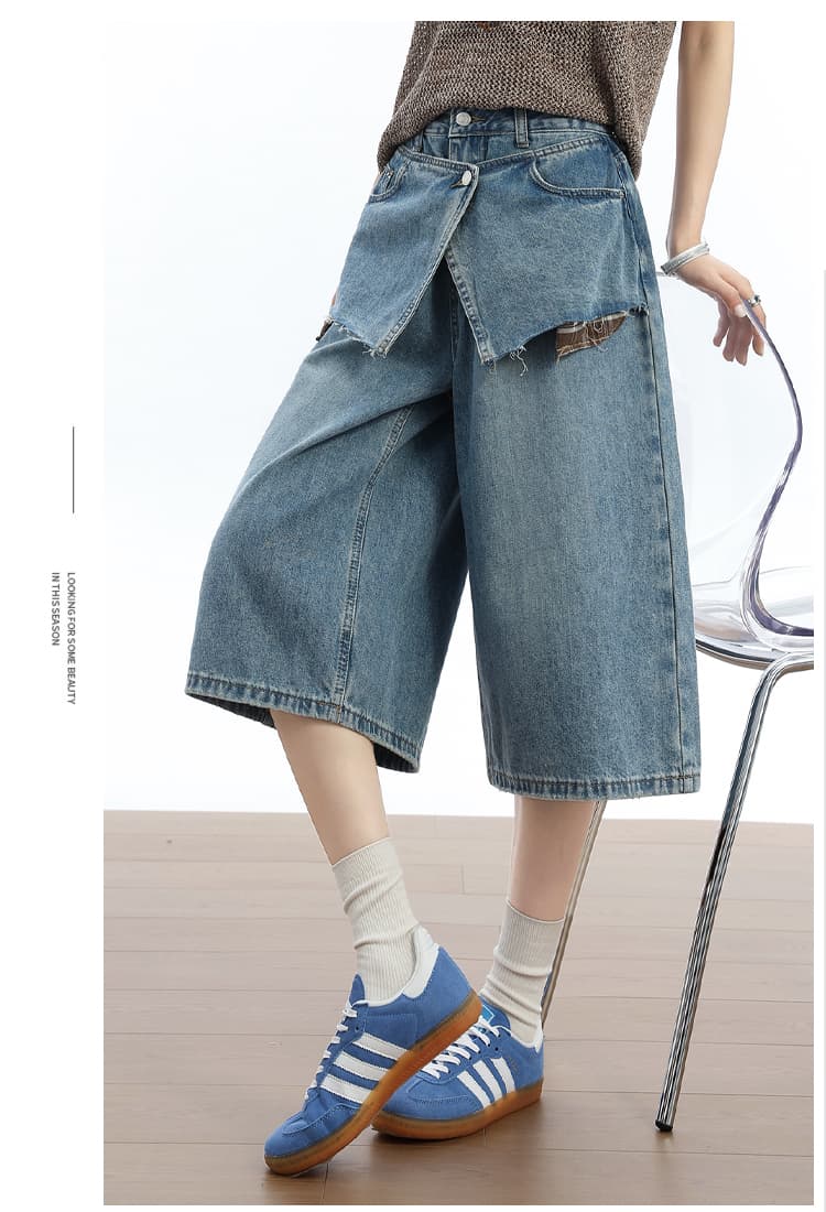 실사 디자인 센스 패치워크 페이크 레이어드 7 점 청바지 여름 새로운 루즈핏 슬림해 보이는 다용도 와이드 레그 팬츠 상세 이미지 22