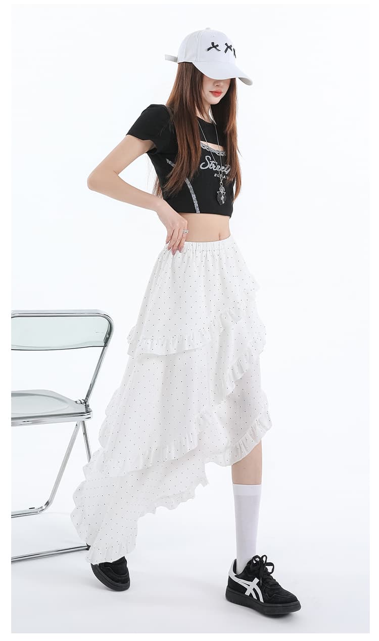 실사 디자인 센스 허리밴드 불규칙 프릴 도트 무늬 치마 하이웨이스트 슬림해 보이는 프릴 A라인 스커트 상세 이미지 21